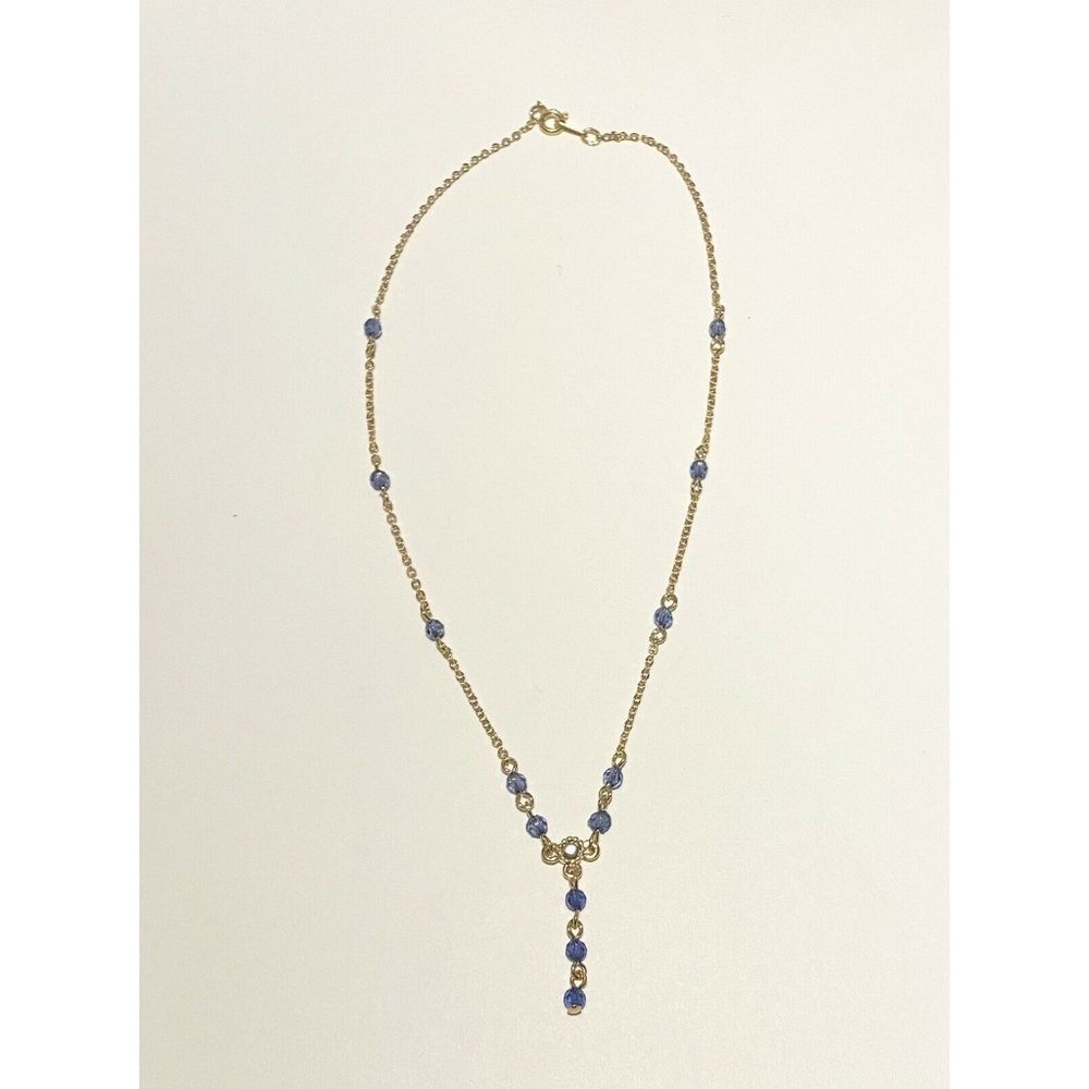 Vintage Lariat Necklace Dainty Gold Tone Chain Blue Bead And Blue Crystal